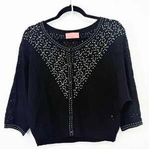 Manoush Black Knit Pearl Seed Beaded Lightweight Holiday Cardigan Sweater
